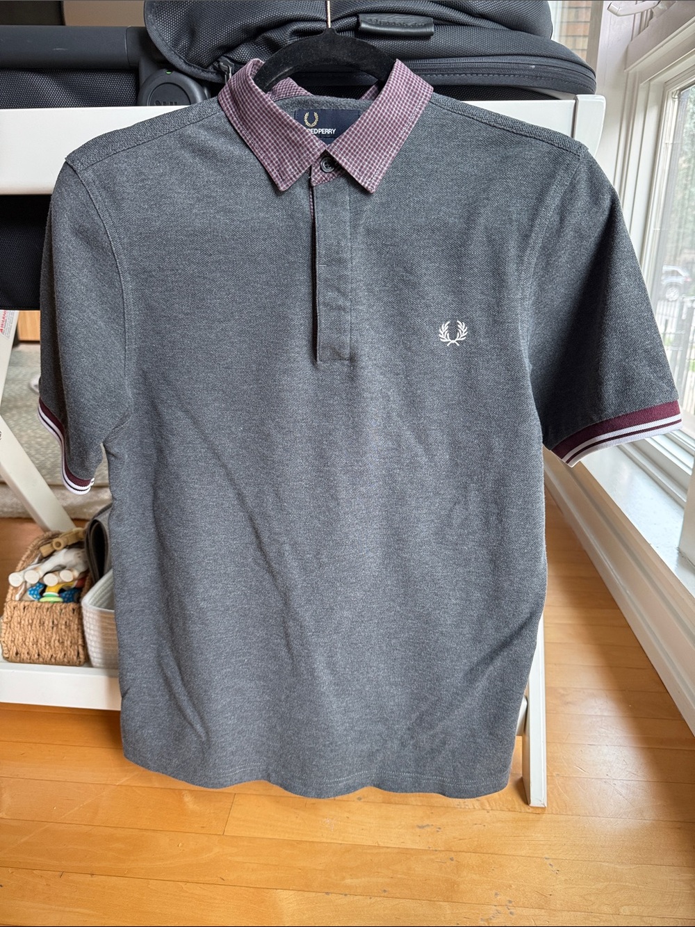 Fred Perry Men's Charcoal Polo with Burgundy-Checked Collar